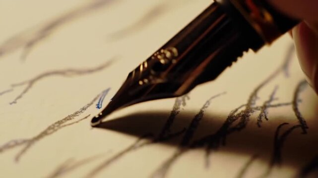 Macro fountain pen nib writing on vintage parchment paper