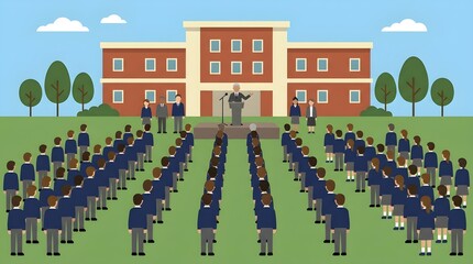 Obraz premium Flat vector illustration of a school assembly ceremony with students standing in front of a school building while a principal gives a speech. Represents education events, school activities, leadership