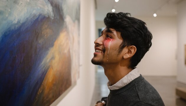Visitor smiles while admiring colorful artwork in an art gallery during a casual visit in the afternoon