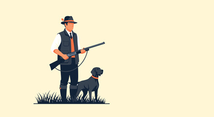 Naklejka premium Hunter in traditional gear standing with a shotgun and his faithful black dog in a grassy field against a pale background.