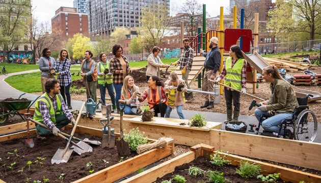Community members work together in a garden project at a park in an urban setting during a sunny day in spring