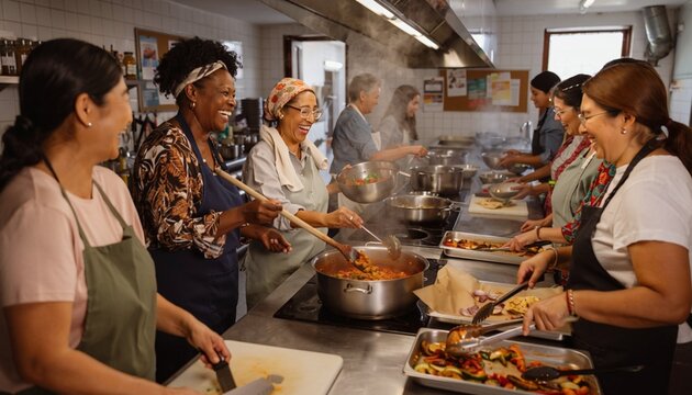 Group of people cooking together in a community kitchen during a culinary class in an urban area in the afternoon