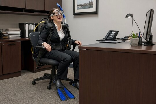 Office worker wearing scuba gear sitting at a desk with a big smile during a casual Friday at work