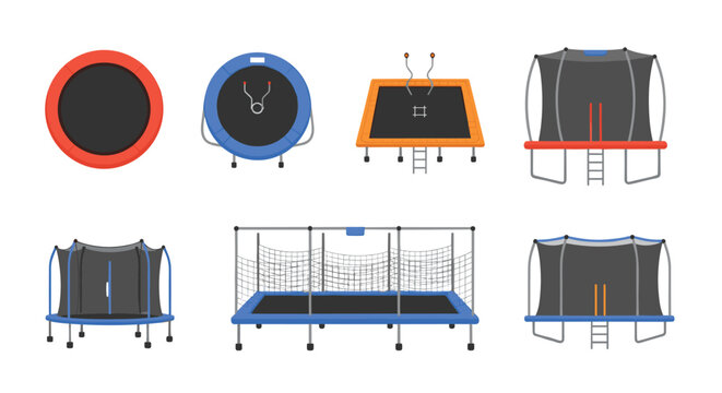 Collection of trampoline icons in different shapes and perspectives including round, square, and with safety enclosures.