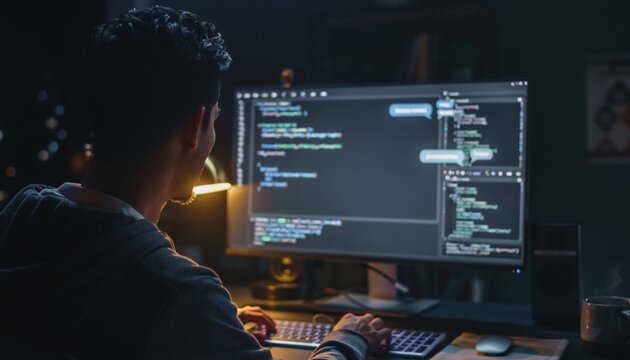 Person works on a computer coding at night in a dimly lit room with a bright screen showing lines of code and a chat window open