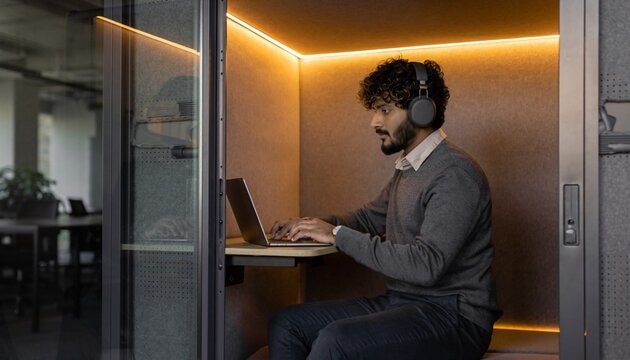 Person works on a laptop in a small office pod with headphones and warm lighting during the day in a modern workspace