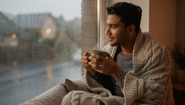 Man sitting by window with a cup of tea wrapped in a blanket while it rains outside during a cozy afternoon indoors