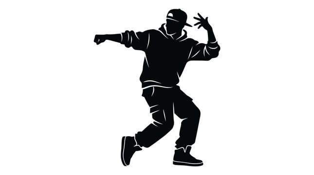 Dynamic black vector illustration of a male breakdancer performing energetic street dance moves in style