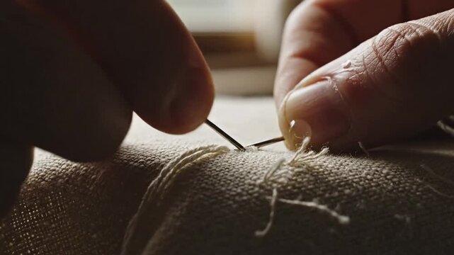 Macro of needle and thread sewing coarse fabric.