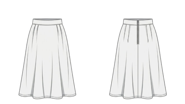 Women Midi Skirt Technical Fashion Flat Illustration A Line Design Front Back View Garment Specification Vector Sheet