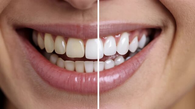 Woman's smile showing teeth whitening treatment results in a before and after comparison, revealing a perfect smile, dental health, and oral care procedure