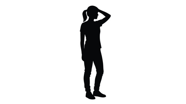 Black vector silhouette illustration of a standing woman touching her forehead in a thoughtful pose