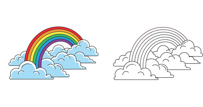 Colorful Rainbow and Clouds Vector Illustration with Black and White Line Art Outline for Coloring Book