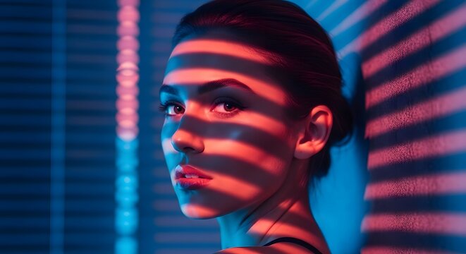 Woman portrait with light and shadow patterns. Cinematic lighting and stylish atmosphere. Beautiful woman with blind shadow effects on her face in a blue and red neon room
