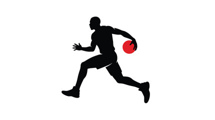 Fototapeta premium Dynamic black vector illustration of a basketball player dribbling a bright red textured spherical ball