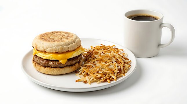 Breakfast plate with english muffin sandwich hash browns and black coffee