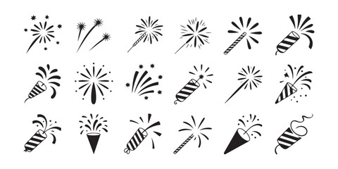 Fototapeta premium Set of black and white firework and party popper icons for celebration and holiday design