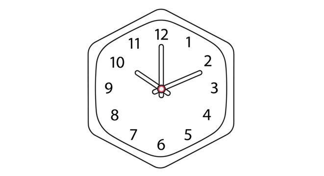 Simple white hexagonal wall clock with black numbers and thin hands showing the time as approximately ten past twelve.