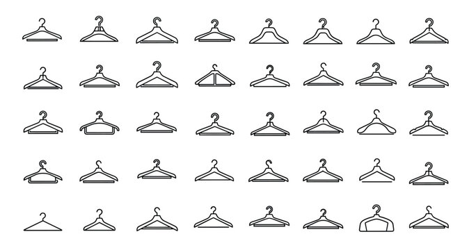Large collection of clothes hanger icons showing various designs, materials, and shapes for laundry and fashion retail applications.