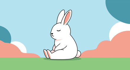 Fototapeta premium Cute white rabbit sitting peacefully on green grass against a light blue sky with colorful pink and teal abstract clouds.