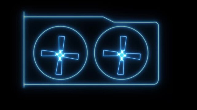 Animated by neon processing unit with two cooling fans on a black background.