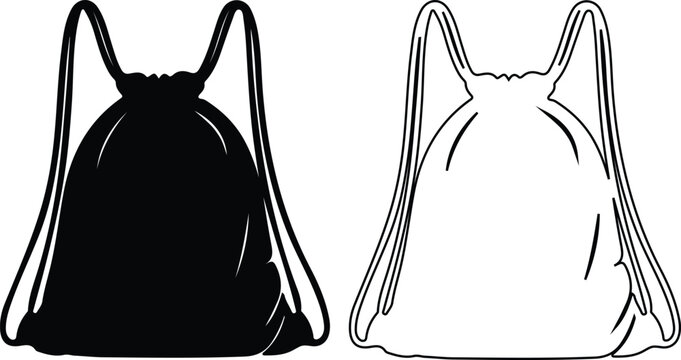 Drawstring Backpacks Vector Silhouette and Outline Isolated on White Background for Sport and Travel