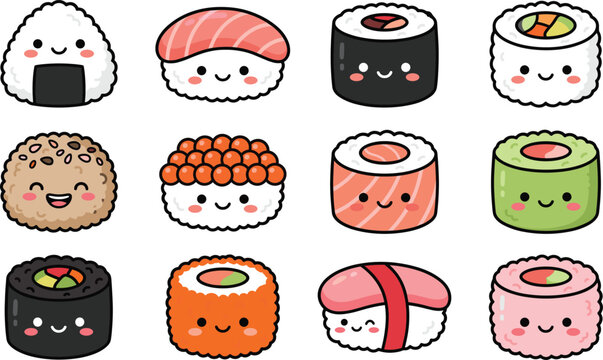 Kawaii sushi character set with cute smiling faces including onigiri nigiri and maki rolls flat vector illustration