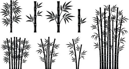 Obraz premium Silhouette vector set of bamboo stalks and leaves for zen nature and Asian design elements