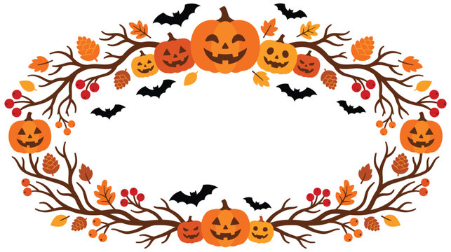 Halloween oval frame with pumpkins bats and branches.