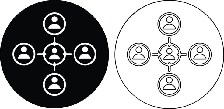 Centralized network connection with connected nodes in circle against white and black background vector illustration