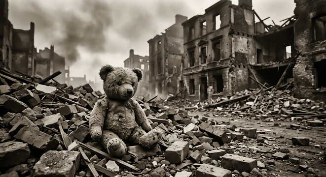 Abandoned teddy bear sitting on rubble in a destroyed city, war and lost childhood concept 