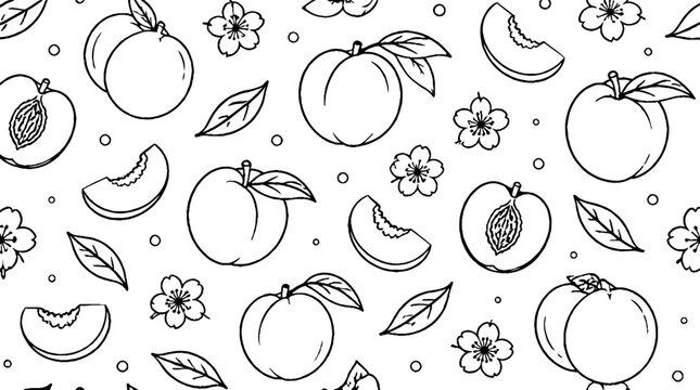 Hand drawn peach and leaf pattern illustration.