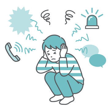 周囲の音が気になって耳を塞ぐ男の子（聴覚過敏）のイラスト