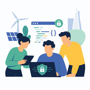 Group of software developers working together on cybersecurity and coding projects.