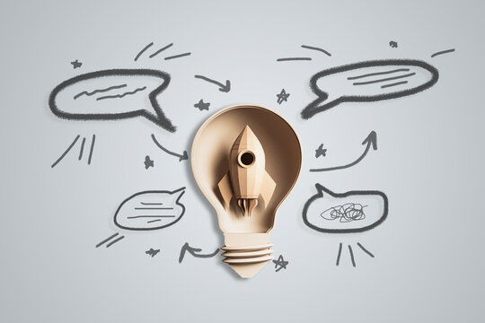Creative startup concept with wooden rocket inside lightbulb symbol surrounded by hand drawn arrows and speech bubbles on gray background. 3D Rendering