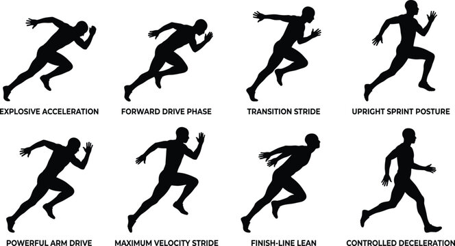 Sprint Running Technique Silhouette Collection with Acceleration Drive Phase Stride Finish and Deceleration Vector Set