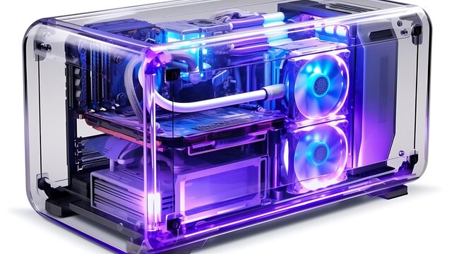 Gaming PC computer with purple lighting and transparent case