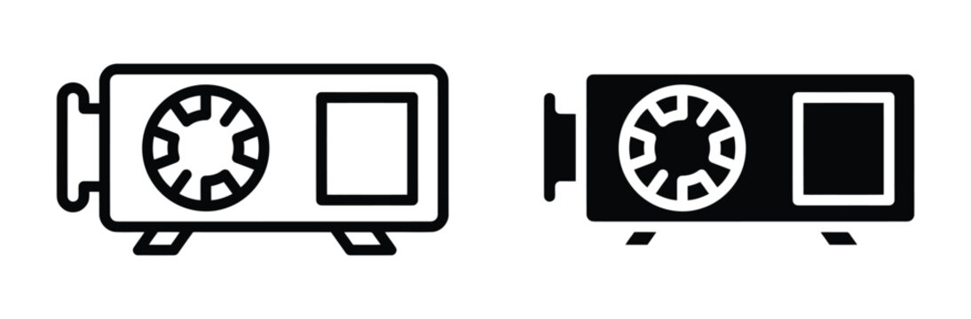 Graphics card vector icon set. Computer GPU line and glyph symbol, video card with cooling fan, PC gaming hardware component, cryptocurrency mining rig and electronic device concept illustration.