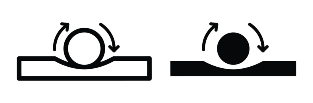 Rolling resistance vector icon set. Ball rolling on deformable soft surface friction diagram, physics mechanics symbol, wheel movement force and load deformation engineering concept illustration.