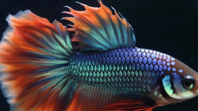 Macro View of Iridescent Betta Fish Scales and Flowing Fins with Underwater Shimmer