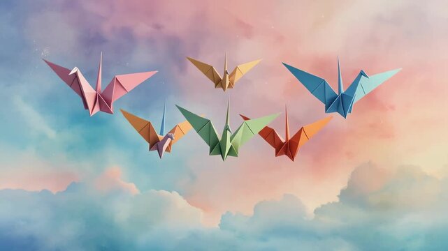 Origami cranes flying in a pastel sky