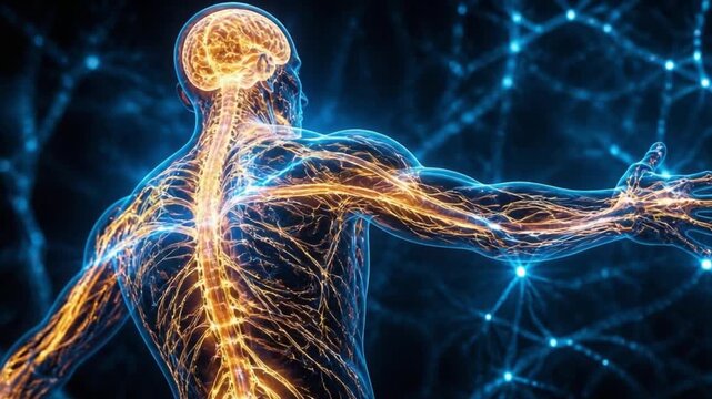 Human Nervous System Glowing with Synapse Activity. 4K Video