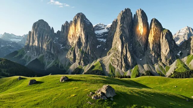 Golden sunlight illuminating the jagged peaks of the dolomites mountain range in italy while the camera gracefully pans over a vibrant green alpine meadow