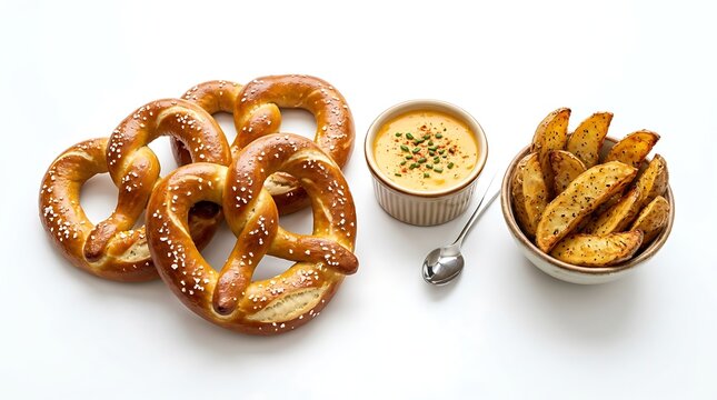 Soft pretzels with cheese dip and potato wedges on white background