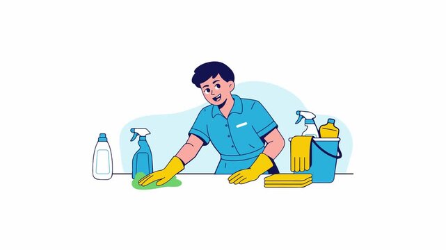 Professional Male Cleaner Wiping Surface with Cleaning Supplies Animation