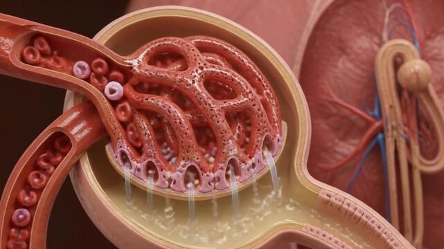 Kidney Nephron Glomerulus Filtering Blood and Fluids. 4K Video