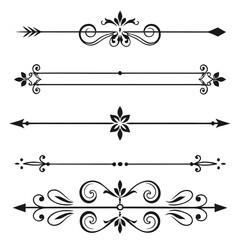 Set of decorative horizontal divider elements with floral ornaments and arrow shapes for elegant page layout design or book decoration and vintage wedding invitations in vector format isolated white. © Monira