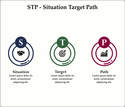 STP - Situation Target Path acronym. Infographic template with icons and description placeholder