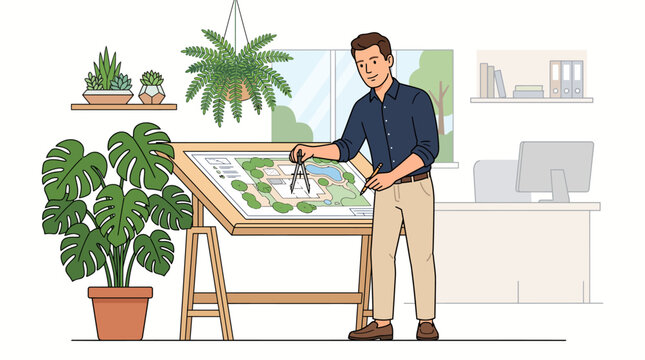 Male landscape architect designing a garden plan at a drafting table in a bright office