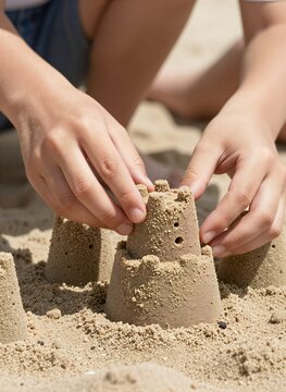 Captures Close Of Two Hands Engaged In Act Building Sandcastles On To Sandy Beach As Indicated By Fine Granular Texture Surrounding